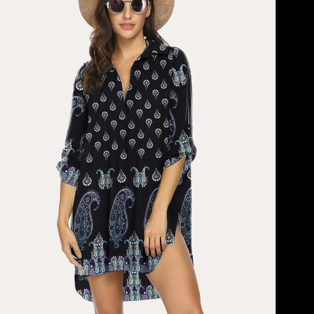 EKOUAER Chic Black Paisley Tunic‎ Dress